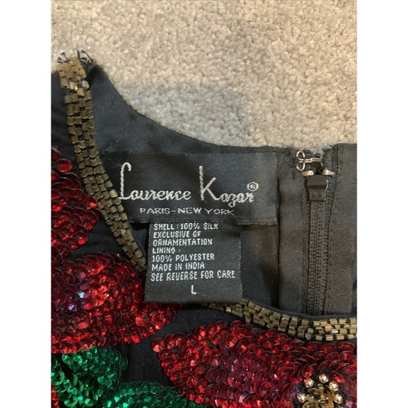 Vintage 80s Laurence Kazar Poinsettia Sequin Top L Holiday Evening Blouse - Picture 3 of 7